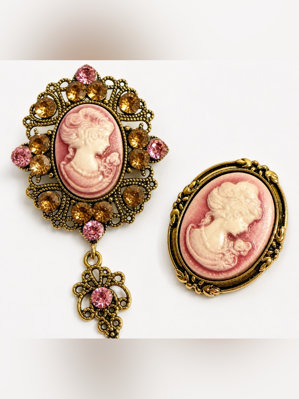 Vintage Victorian Style Pink Cameo Rhinestone Dangle Brooch Gold Tone Pin Set